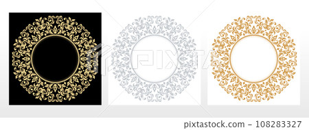 Set of decorative frames Elegant vector element for design in Eastern style, place for text. Floral black, gold and gray borders. Lace illustration for invitations and greeting cards Set of decorative frames Elegant vector element for design in Eastern style, place for text. Floral black, gold and gray borders. Lace illustration for invitations and greeting cards 108283327