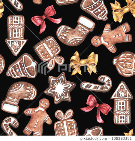 Seamless Christmas pattern. Hand drawn watercolor illustration. New Year's wallpaper with ginger cookies in shape of man house, bell, cone, golden bows, ribbons, balls on a white background. 108283391