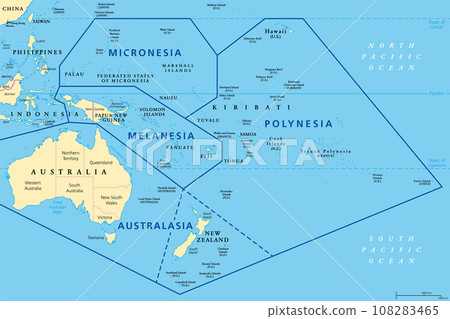 Subregions of Oceania, political map. Geoscheme with regions in the Pacific Ocean and next to Asia. Melanesia, Micronesia, Polynesia, and Australasia, short for Australia and New Zealand. Vector. 108283465
