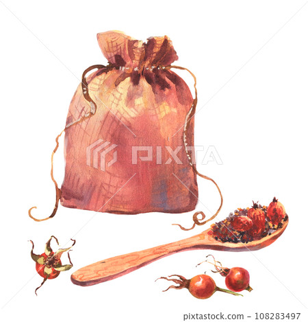 Watercolor illustration linen bag and wooden spoon with rosehip tea and brier berries, watercolor illustration isolated on white background. 108283497