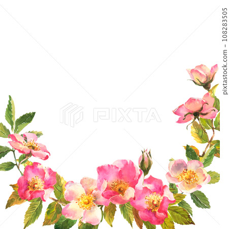 Rosehip Frame. Flowers, leaves and fruits of wild roses. Briar, watercolor painting for decoration. Rosehip Frame. Flowers, leaves and fruits of wild roses. Briar, watercolor painting for decoration. 108283505