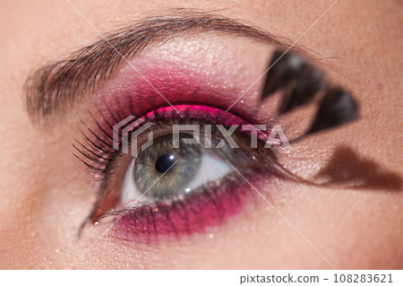 Crop of female eye with colorful make up. Beautiful fashion model with creative art makeup Crop of female eye with colorful make up. Beautiful fashion model with creative art makeup 108283621