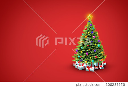 Green Christmas Tree On A red Background 108283650