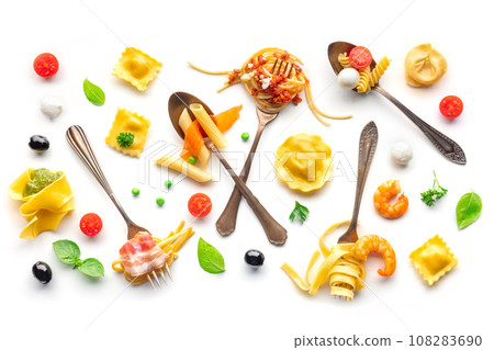 Various pasta forks. Spaghetti, fusilli, penne and other shapes of pasta 108283690