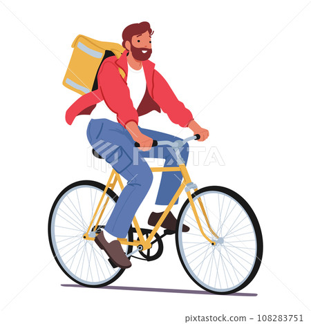 Food Delivery Worker On A Bicycle Swiftly Transports Meals From Restaurants To Customers, Vector Illustration 108283751
