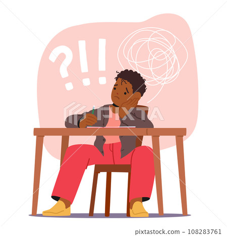 Confused Despondent Child, Buried In Homework, Wrestles With Stress And The Weight Of Expectations, Vector Illustration Confused Despondent Child, Buried In Homework, Wrestles With Stress And The Weight Of Expectations, Vector Illustration 108283761