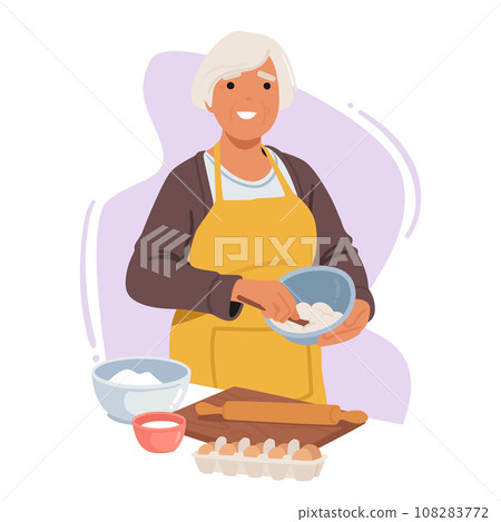 Seasoned Senior Woman Joyfully Bakes In Her Cozy Kitchen, A Lifetime Of Expertise Reflected In Every Measured Ingredient Seasoned Senior Woman Joyfully Bakes In Her Cozy Kitchen, A Lifetime Of Expertise Reflected In Every Measured Ingredient 108283772