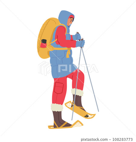 Woman Hiker In Winter Attire, Equipped With Snowshoes, Trekking Poles, And A Loaded Backpack Cartoon Vector Illustration Woman Hiker In Winter Attire, Equipped With Snowshoes, Trekking Poles, And A Loaded Backpack Cartoon Vector Illustration 108283773
