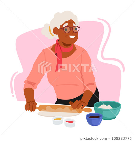 Senior Woman Skillfully Rolls Dough For Baking, Her Experienced Hands Shaping The Foundation Of Delicious Creation 108283775