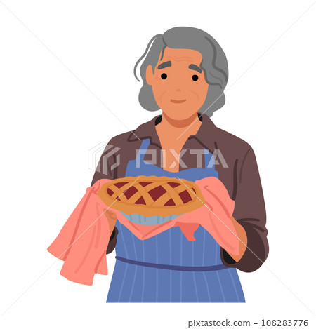 Elderly Grey Haired Woman, A Loving Granny, Smiles Warmly While Holding A Freshly Baked Cake In Her Hands Elderly Grey Haired Woman, A Loving Granny, Smiles Warmly While Holding A Freshly Baked Cake In Her Hands 108283776