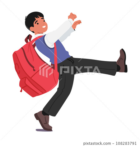 Schoolboy Strained Under The Weight Of His Colossal Rucksack, Its Bulk Seemingly Twice His Size, Vector Illustration 108283791
