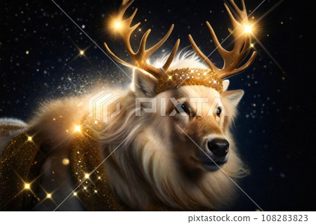 Golden Labrador dressed as a Christmas Reindeer with horns on his head decorated with Christmas lights. Christmas theme. Christmas 2023. Xmas Illustration. Digital painting. Generative AI.   108283823