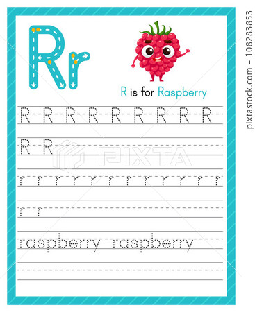 Trace letter R uppercase and lowercase. Alphabet tracing practice preschool worksheet for kids learning English with cartoon raspberry. Activity page for Pre K, kindergarten. Vector illustration 108283853