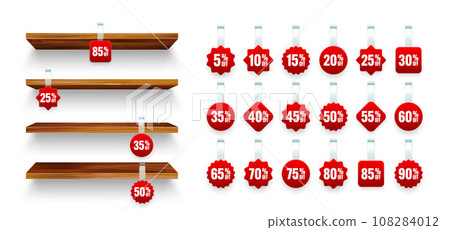 Store shelves with supermarket promotional wobblers. Wooden product shelf and advertising wobbler with percent discount. Grocery wall rack. Sale label, special offer price tag. Vector illustration 108284012