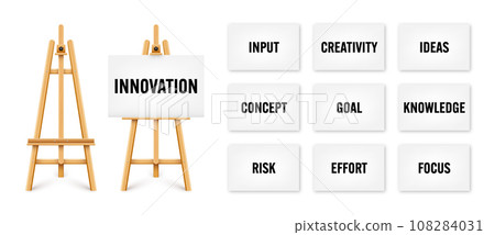 Realistic paint desk with text on white canvas. Wooden easel and a sheet of drawing paper. Presentation board on a tripod. Innovation, creativity and creative ideas. Vector illustration Realistic paint desk with text on white canvas. Wooden easel and a sheet of drawing paper. Presentation board on a tripod. Innovation, creativity and creative ideas. Vector illustration 108284031