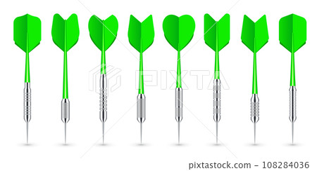 Green dart arrows with metal tip and shadow. Dart throwing sport game, dartboard equipment. Vector illustration 108284036