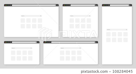 Blank web browser window with tab, toolbar and search field. Modern website, internet page in flat style. Browser mockup for computer, tablet and smartphone. Vector illustration 108284045