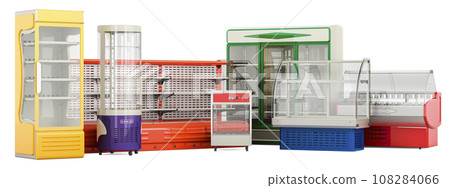 Set of colored commercial refrigeration display cases and merchandiser racks. 3D rendering 108284066