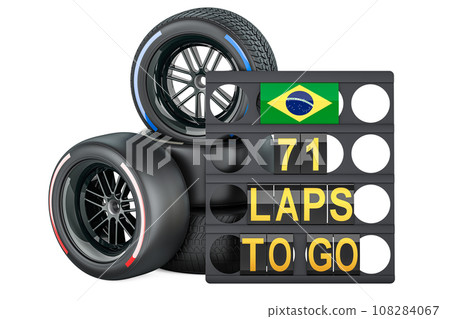 Interlagos racing, pit board with flag of Brazil and racing wheels with different compounds type tyres. 3D rendering 108284067