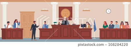 Trial in courtroom. Law justice, public process, defense and prosecution presentation, judge on wooden tribune listens to people, cartoon flat style isolated nowaday vector concept 108284220