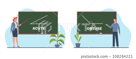 Teachers explain acute and obtuse. man and woman near blackboard. mathematics and geometry lesson. Education in school or college, Cartoon flat style isolated vector knowledge concept 108284221