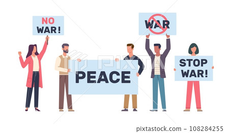People hold banners and placards demanding an end to war. Anti-war social movement. Peaceful demonstration, student activists manifestation. Cartoon flat isolated vector protest concept 108284255
