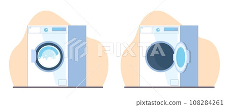 Open and closed washing machine. Electronic housekeeping equipment. Appliance for household chores. Front view icon. Wash clothing. Cartoon flat isolated illustration. Vector laundry concept Open and closed washing machine. Electronic housekeeping equipment. Appliance for household chores. Front view icon. Wash clothing. Cartoon flat isolated illustration. Vector laundry concept 108284261
