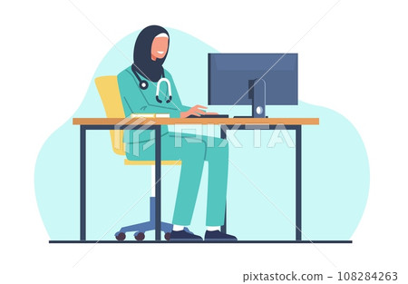 Muslim female doctor works on computer. Arab women in hijab, medical specialist working. Online health consultation. Clinic medicine profession cartoon flat style isolated vector concept 108284263
