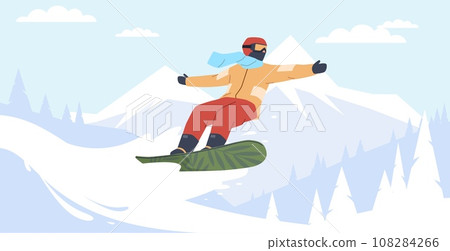 Man snowboarding down snowy mountain. Winter extreme sport. Boy in helmet and sportwear. Freeride on snowboard. Outdoor activity on resort. Cartoon flat isolated illustration. Vector concept Man snowboarding down snowy mountain. Winter extreme sport. Boy in helmet and sportwear. Freeride on snowboard. Outdoor activity on resort. Cartoon flat isolated illustration. Vector concept 108284266