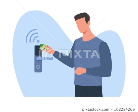 Man opens electronic lock using ID card. Male character scanning at access control system, identity verification to open hotel or office door. Cartoon flat style isolated vector concept Man opens electronic lock using ID card. Male character scanning at access control system, identity verification to open hotel or office door. Cartoon flat style isolated vector concept 108284269