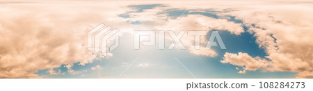 Blue summer sky panorama with Cumulus clouds. Seamless hdr spherical 360 panorama. Zenith or sky dome in 3D visualization, sky replacement for aerial drone 360 panoramas. Weather and climate change 108284273