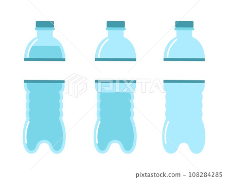 Full, half and empty plastic water bottles. Container for mineral or soda drinks with blank label. Package with cap. Liquid and cold beverage cartoon flat style isolated vector concept 108284285