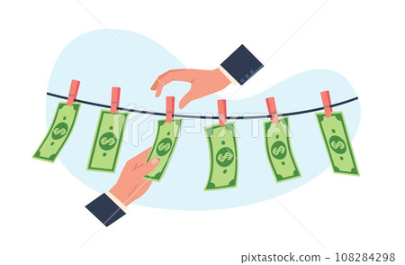 Concept of money laundering, hands picking dried dollar bills off clothesline. Financial crime washing currency. People breaking law, corruption or fraud. Vector cartoon flat illustration 108284298