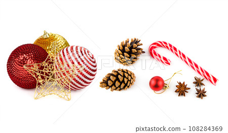Christmas decor isolated on white. Free space for text. Wide photo. Collage. Christmas decor isolated on white. Free space for text. Wide photo. Collage. 108284369