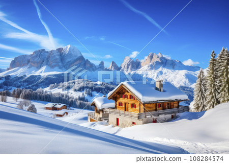 snowy winter landscape with houses, mountains and blue sky snowy winter landscape with houses, mountains and blue sky 108284574