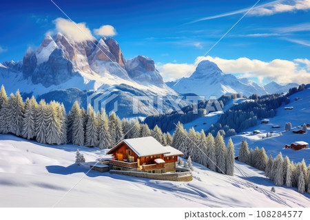 snowy winter landscape with houses, mountains and blue sky 108284577