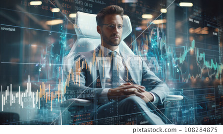 Man in Business Attire Looking at Crypto Holograph Man in Business Attire Looking at Crypto Holograph 108284875