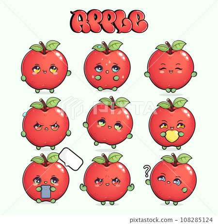 Funny cute happy red apple characters bundle set. Vector hand drawn doodle style cartoon character illustration icon design. Isolated on green background. Cute red apple mascot character collection 108285124