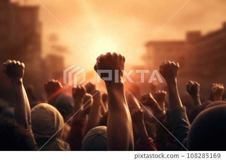 People protesting at city street. Generative AI 108285169