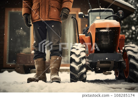 Using snowblower to clear snow on walkway near house. Generative AI Using snowblower to clear snow on walkway near house. Generative AI 108285174