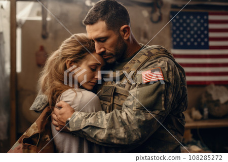 Military soldier embracing his wife. Generative AI 108285272
