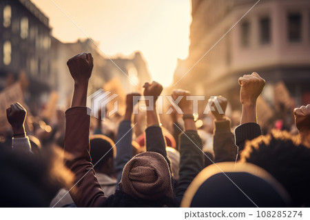 People protesting at city street. Generative AI 108285274
