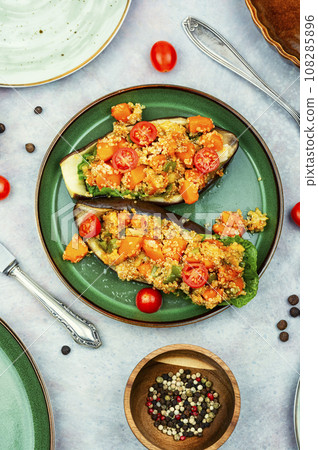Stuffed aubergine with fried vegetables Stuffed aubergine with fried vegetables 108285896