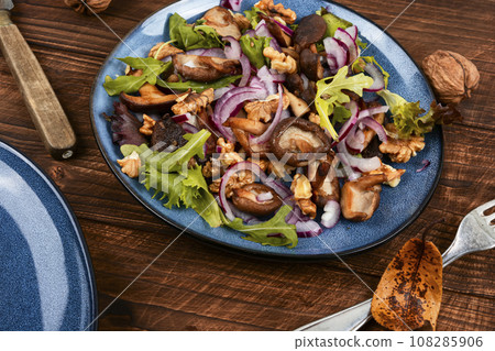 Mushroom salad with walnuts. 108285906