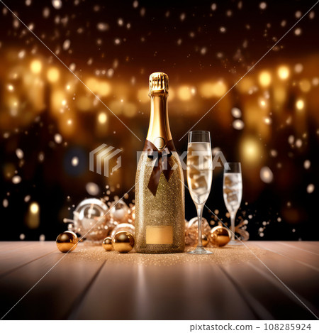 Champagne bottle on black background with champagne glasses. Sparkling lights and bokeh on backdrop Champagne bottle on black background with champagne glasses. Sparkling lights and bokeh on backdrop 108285924