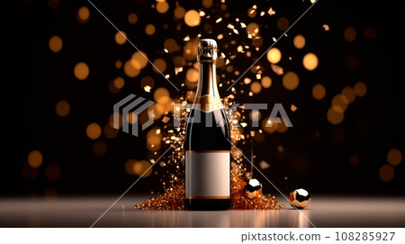 Champagne bottle on black background. Sparkling lights and bokeh. exuding a sense of celebration and sophistication 108285927