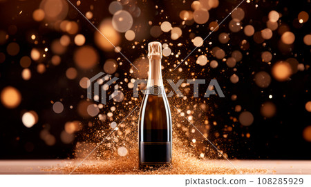 Champagne bottle on black background. Sparkling lights and bokeh. exuding a sense of celebration and sophistication Champagne bottle on black background. Sparkling lights and bokeh. exuding a sense of celebration and sophistication 108285929