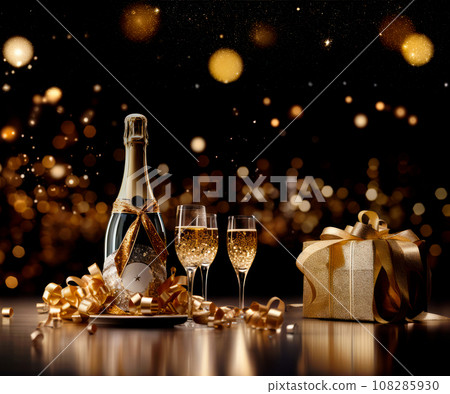 Champagne bottle on black background with champagne glasses and gift boxes. Sparkling lights and bokeh on backdrop Champagne bottle on black background with champagne glasses and gift boxes. Sparkling lights and bokeh on backdrop 108285930