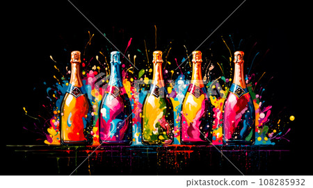 Watercolor illustration colorful champagne bottles set on a black background Watercolor illustration colorful champagne bottles set on a black background 108285932