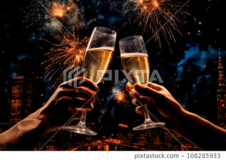 Two people are hands holding champagne glasses in front of fireworks and cityscapes. Two people are hands holding champagne glasses in front of fireworks and cityscapes. 108285933
